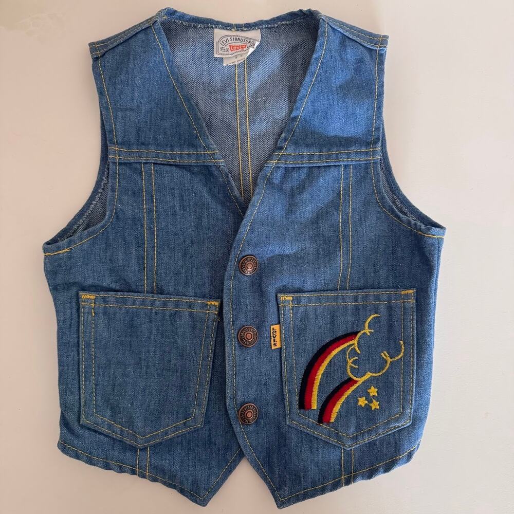 Vintage Levi's Yellow Tab Toddler Kids Rainbow Embroidered Denim Vest Size 4